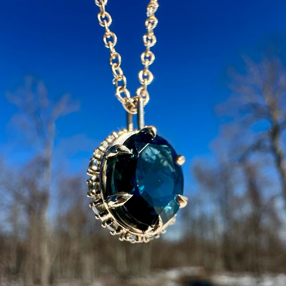 Elegant London Blue Topaz and Aquamarine Halo Pendant Necklace
